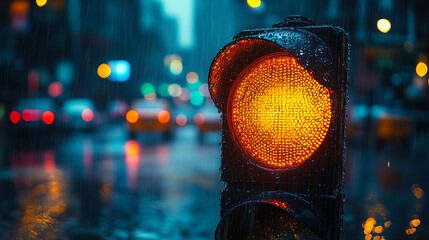 Traffic signal illuminated orange during a rainy evening in a bustling city with blurred cars in the background. Generative AI