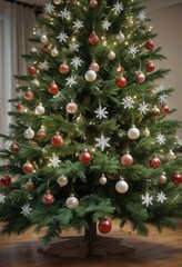 Evergreen Christmas tree with snowflakes and ornaments , snow, cold