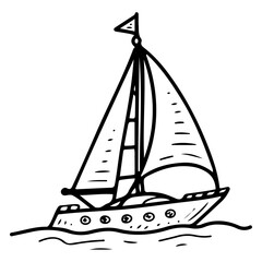 Sailboat hand drawn doodle. Sailing ship. Sea voyage. Motorboat for water. Yacht. Water transport. Adventure, travel. Ocean weekend. Vector line art illustration.
