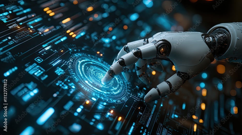 Poster chatbot chat with ai artificial intelligence man using technology smart robot ai artificial intelligence entering command prompt to produce something futuristic technology transformatio