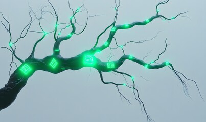 Abstract network of dark branches with glowing green cubes.