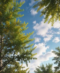 Fototapeta premium Foliage of Climbing Wattle tree against a blurred sky , foliage, sky, nature