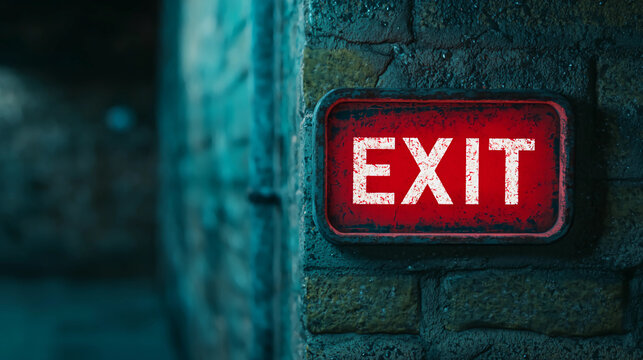 A glowing red exit sign on a textured stone wall, indicating a way out in a dimly lit environment.