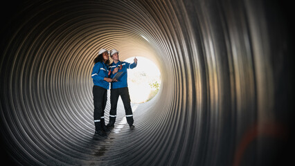 Workers inside a big steel pipe building a pipeline for oil, gas, and fuel at an industrial site.