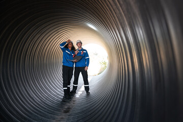 Workers inside a big steel pipe building a pipeline for oil, gas, and fuel at an industrial site.