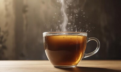 Gentle bubbles rising in a cup of steaming tea, warmth, container
