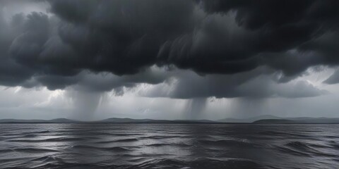 Obraz premium Heavy rain showers on a grey and overcast sky with dark clouds looming in the distance, nature, dark, stormy