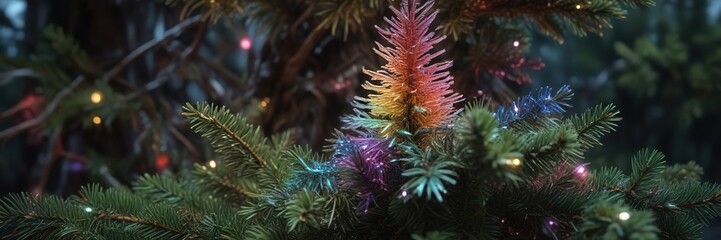 Iridescent rainbow-colored tinsel wrapping around a small spruce tree, brightening up the space, lively ambiance , whimsical atmosphere