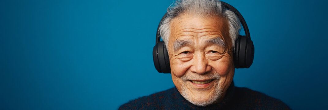Highlighting a friendly expression, the Asian senior in headphones embodies the harmony of technology and joy, presented in a clean, minimalistic design for a contemporary mockup, banner