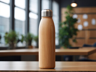 Blank wooden thermos bottle on wooden table with blurred office background. Tumblr bottle mockup