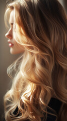 Naklejka premium In a serene portrait, a girl’s long hair flows softly with waves. The light highlights the texture, adding elegance to the calm, blurred scene