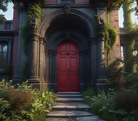 Fototapeta premium Moody mansion with a crimson-stained door and overgrown vegetation surrounding it in a Gothic-inspired setting, mysterious surroundings, gothic architecture, abandoned homes