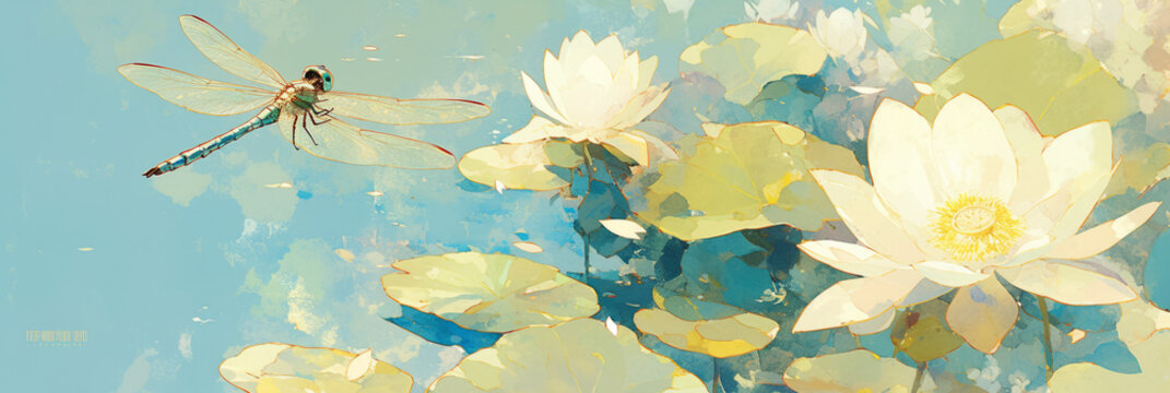 Watercolor illustration of a dragonfly hovering over a blooming lily. The gentle, graceful wings and soft colors create an elegant, peaceful, and serene natural scene, banner