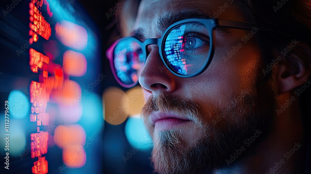Poster close up and personal view of a person wearing glasses and a reflection of a computer screen showing a stock market chart are visibl