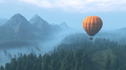 Obraz premium Hot air balloon over misty mountains. 3D dreamy landscape.