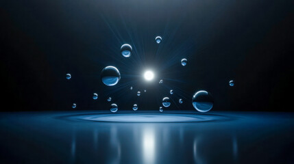 Abstract depiction of floating water droplets illuminated by a bright central light source against a dark reflective surface