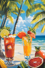 Obraz premium Tropical Beachside Bliss: Cocktail Vibes Under Palm Skies and Sunny Horizons