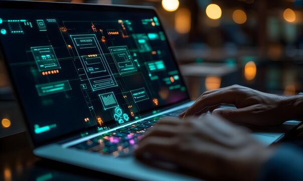 A businessman using a laptop with a holographic business process flowchart emerging