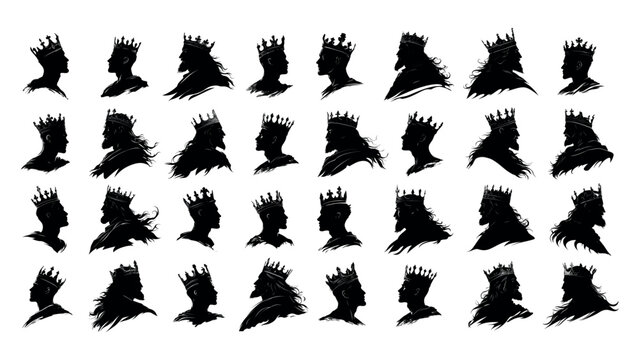 King avatars black silhouette. Bearded man profile lord head with crown, royal majesty male suzerain monarchy, isolated vectors on white background