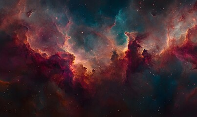 Fototapeta premium Cosmic nebula with red, blue, and orange hues, stars, and gas clouds.