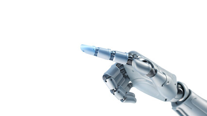 Robot hand pointing to a blue light on white background.AI GENERATED
