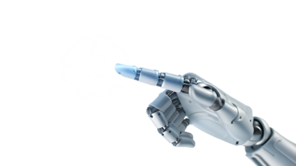 Robot hand pointing to a blue light on white background.AI GENERATED