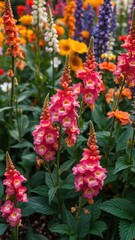 Snapdragons growing among other colorful flowers in the garden , flower arrangements, natural scenery, snapdragon flowers