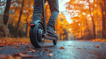 close up of man riding black electric kick scooter at beautiful park landscap