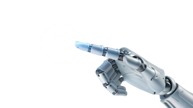 Robot hand pointing to a blue light on white background.AI GENERATED