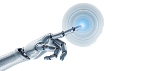 Robot hand pointing to a blue light on white background.AI GENERATED