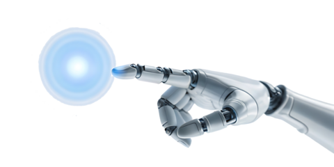 Robot hand pointing to a blue light on white background.AI GENERATED