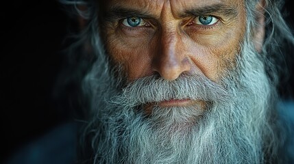 close up portrait of an old man with long gray beard and mustache on a dark background