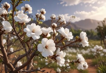 Obraz premium Soft white cotton flowers nestled on earthy brown branches in a field, harvest time, raw material, farm life