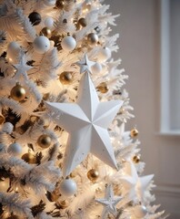 star-shaped ornaments on a white Christmas tree, Christmas tree decorations, sparkling lights
