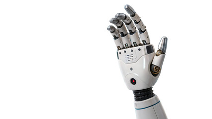 Robot hand pointing to a blue light on white background.AI GENERATED