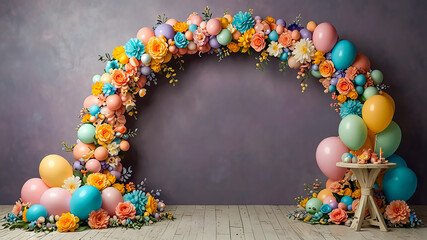 Pastel Balloon and Floral Arch Digital Backdrop for Studio, Easter, Cake Smash Photography - Photoshop Overlay, Digital Background
