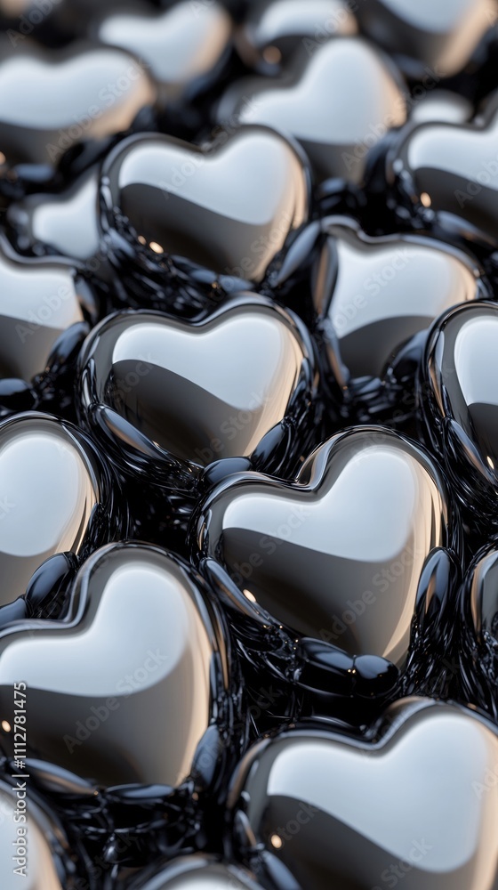 Poster shiny black heart-shaped objects create a mesmerizing pattern, ai