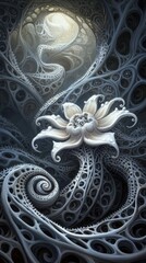 Intricate white flower amidst swirling fractal patterns in a dreamlike setting, AI