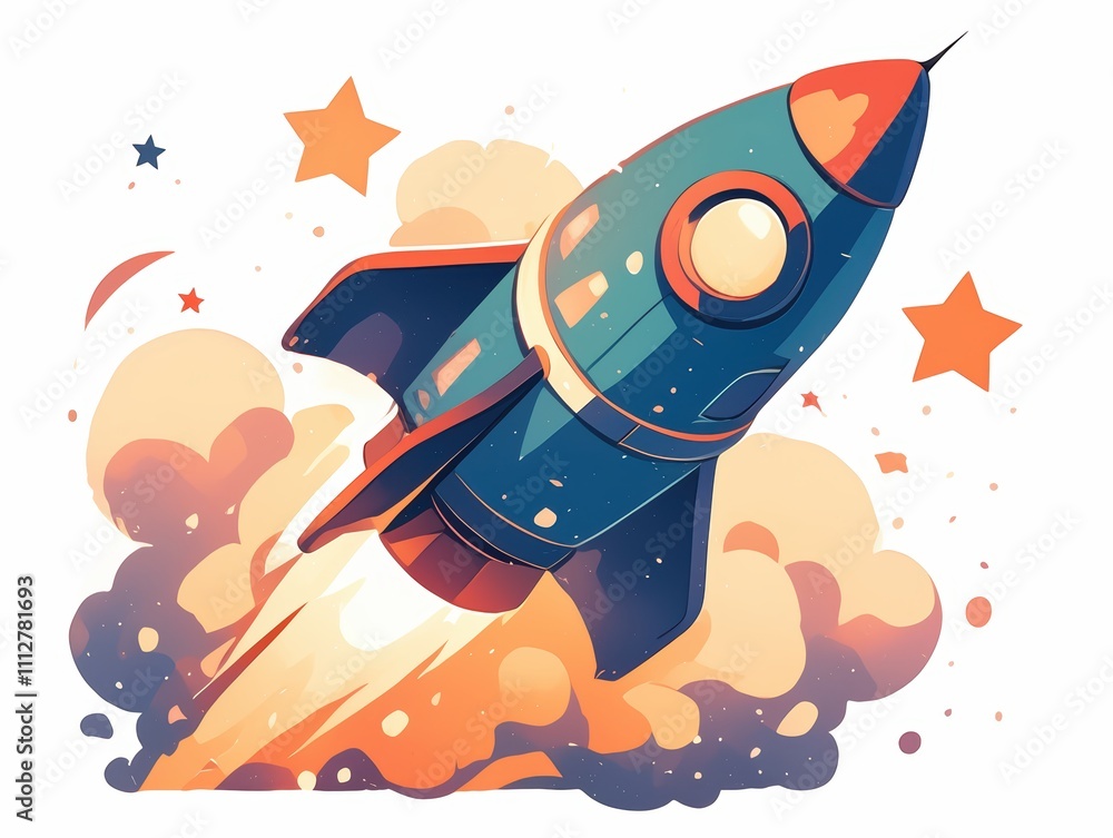 Poster a colorful rocket launching into space with stars and clouds in the background.