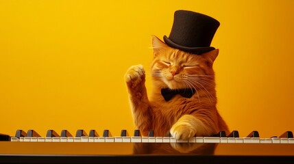 A ginger cat wearing a top hat and bow tie, playing the piano with a paw raised in the air.