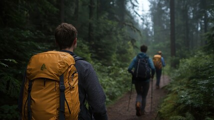 Three people are walking through a forest, each carrying a backpack
