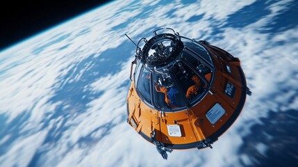 Space capsule in low Earth orbit surrounded by clouds