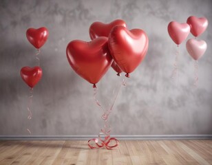 Valentine's Day heart-shaped balloons filled with helium, festive, ribbon tied