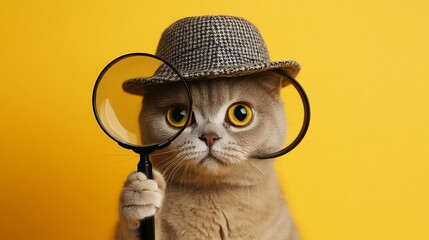 A cat wearing a detective hat and holding a magnifying glass.