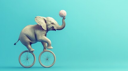 A baby elephant balancing a ball on its trunk while riding a unicycle.