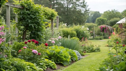 Naklejka premium Watercolor Garden Scene with Fresh Greens, lush foliage, natural elements, foliage patterns, leafy greens