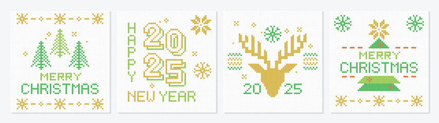 Set of four white green and gold knitted style illustrations designed for Christmas and New Year 2025 greeting cards featuring festive icons like reindeer, trees, and snowflakes.