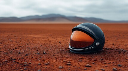 Astronaut helmet on a red desert landscape