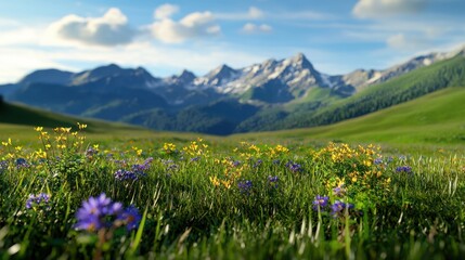 Obraz premium A beautiful, lush green field with a mountain range in the background