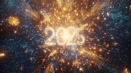Fototapeta premium 2025 fireworks celebration with New Year message in starry sky